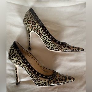 Jimmy Choo ERIN LEOPARD Print Patent Taupe Pump Shoe Heels 9 EUC